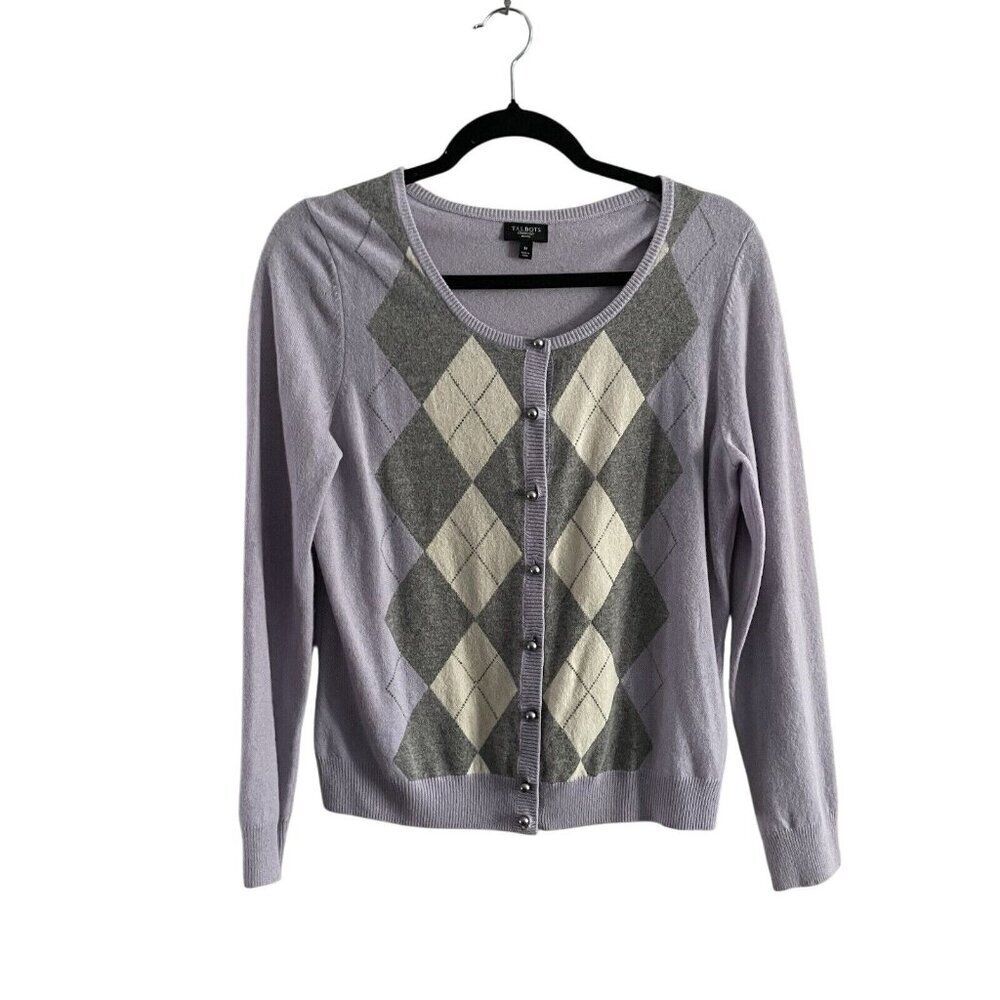 Talbots Petites Wmn MP Purple Argyle Front Wool Pearl Button Up Cardigan Sweater